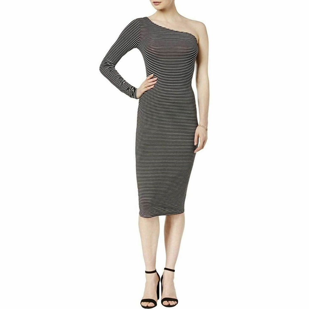 Bar III Black and White Stripped One Shoulder Long Sleeve Bodycon Dress